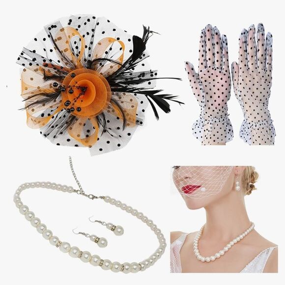 Fascinator Orange /Black Fascinator with Gloves and Pearl Jewelry Set hat - Picture 3 of 9